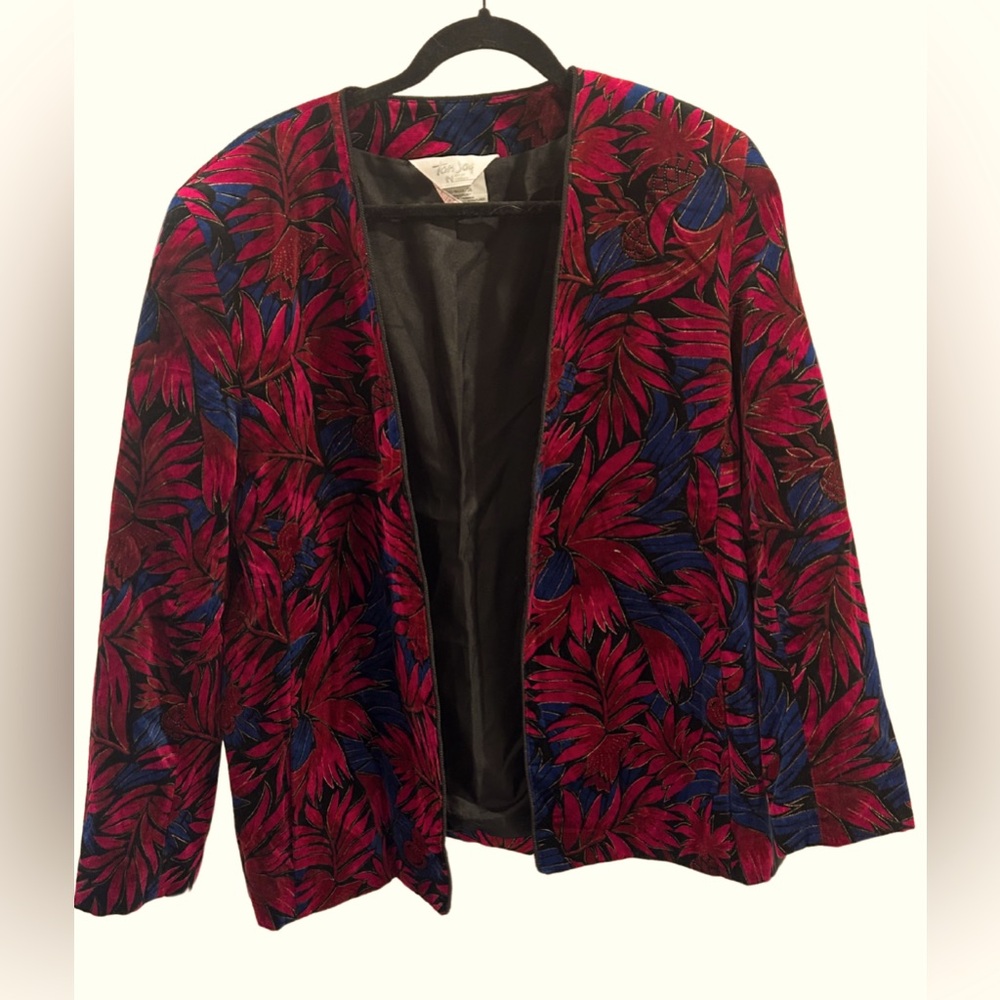 Vintage Tan Jay / Nygard Season 1 Velvet Open Front Botanical Print Blazer L/XL